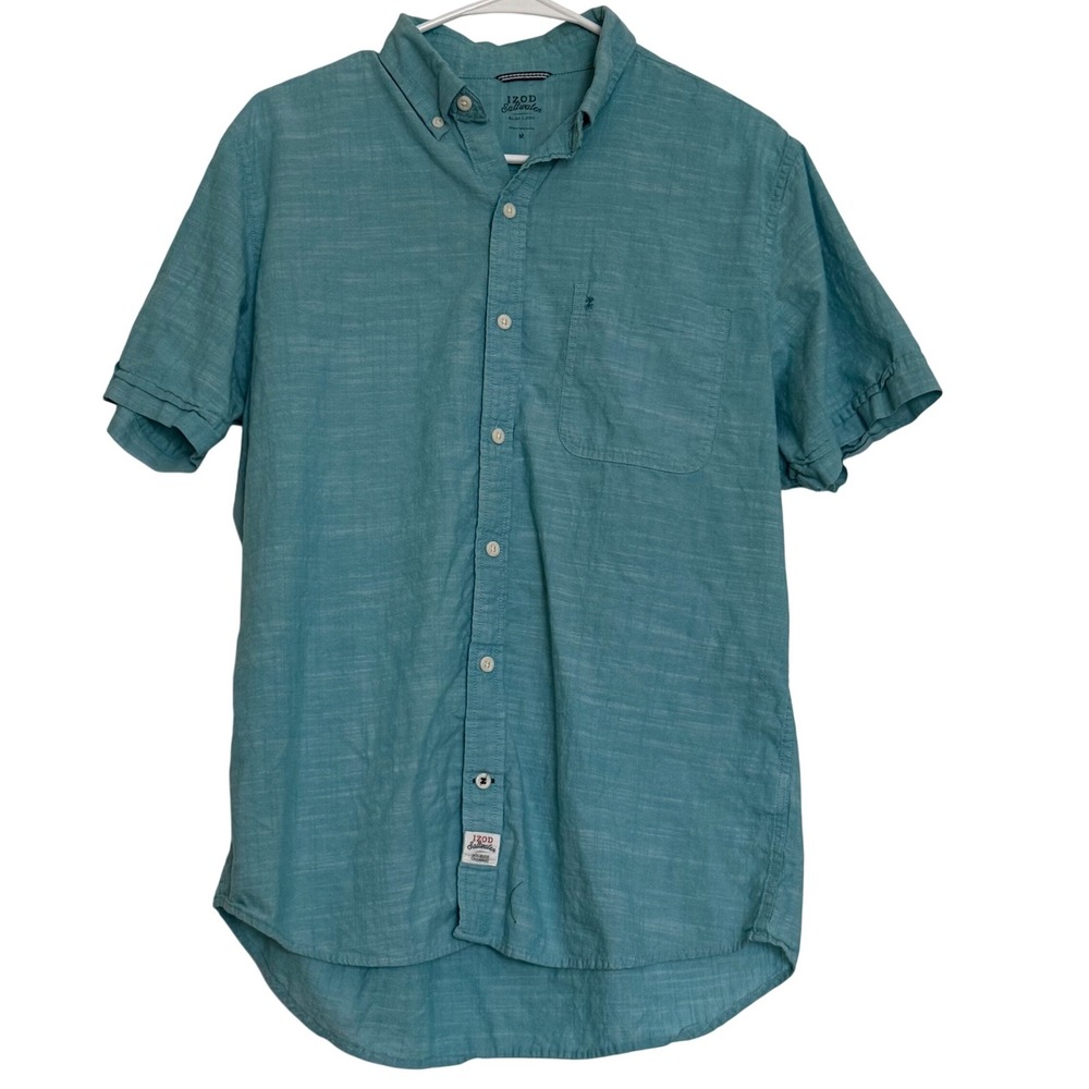 IZOD Saltwater Men's Medium‎ Button Down Shirt Teal Short Sleeve Cotton